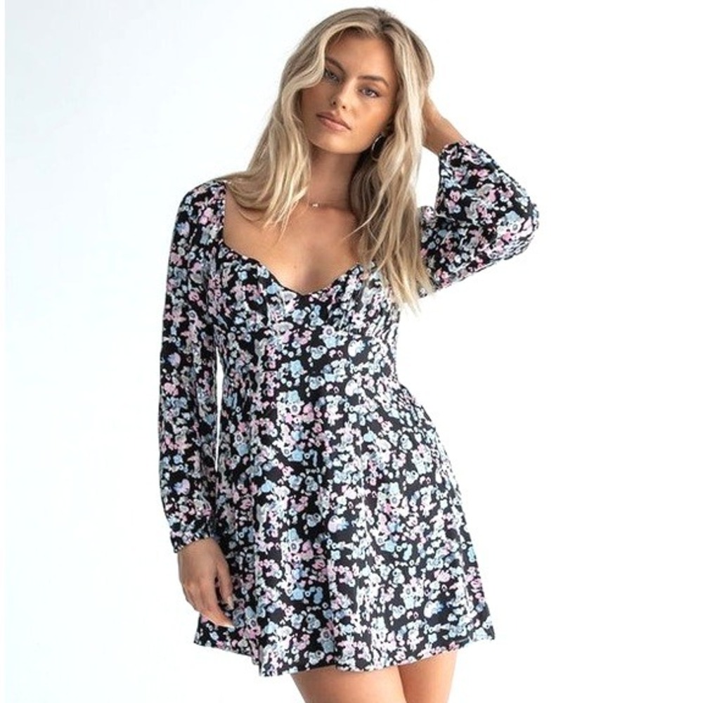 Princess Polly Kassie Dark Floral Puff Sleeve Mini Dress 8 Sweetheart Black Pink